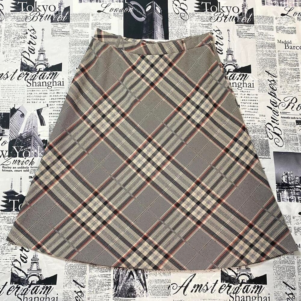 Ecco Bay Women's tan brown white red plaid tartan midi skirt 70s vintage school